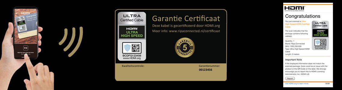 Scan het Ultra High Speed HDMI 2.1 certificaat om de echtheid te controleren